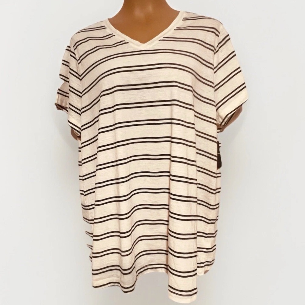 Lucky Brand NWT Womens Top Tee Plus 2X Striped Vneck Short Sleeve Gray Cream